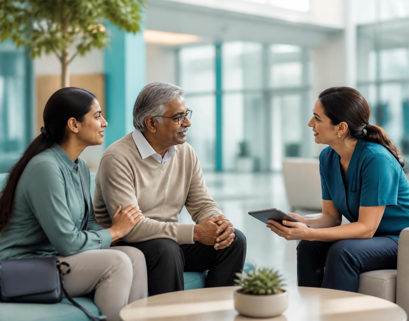 A patient and family member speaking with a Vadora Health patient coordinator in a hospital atrium